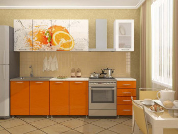 Кухонный гарнитур 1,6м Апельсин (Белый/Оранжевый металлик/Фотопечать апельсин) в Плотниково - plotnikovo.mebel54.com | фото